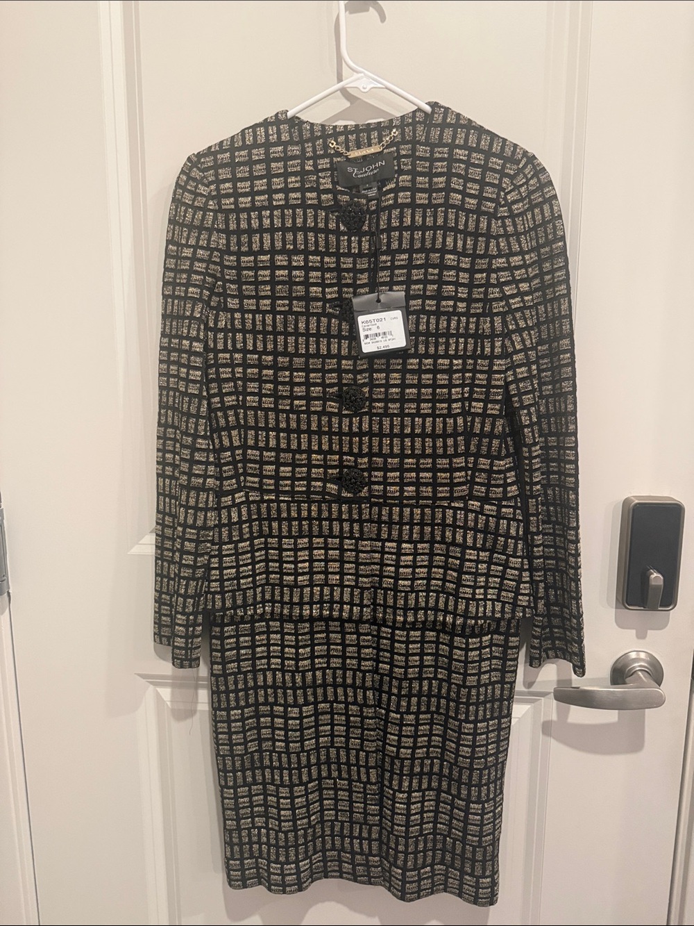 RARE!!!!NWT $2400 St. John Couture Mock Suit Dress Metallic Gold Grid Size 6 - Picture 7 of 10